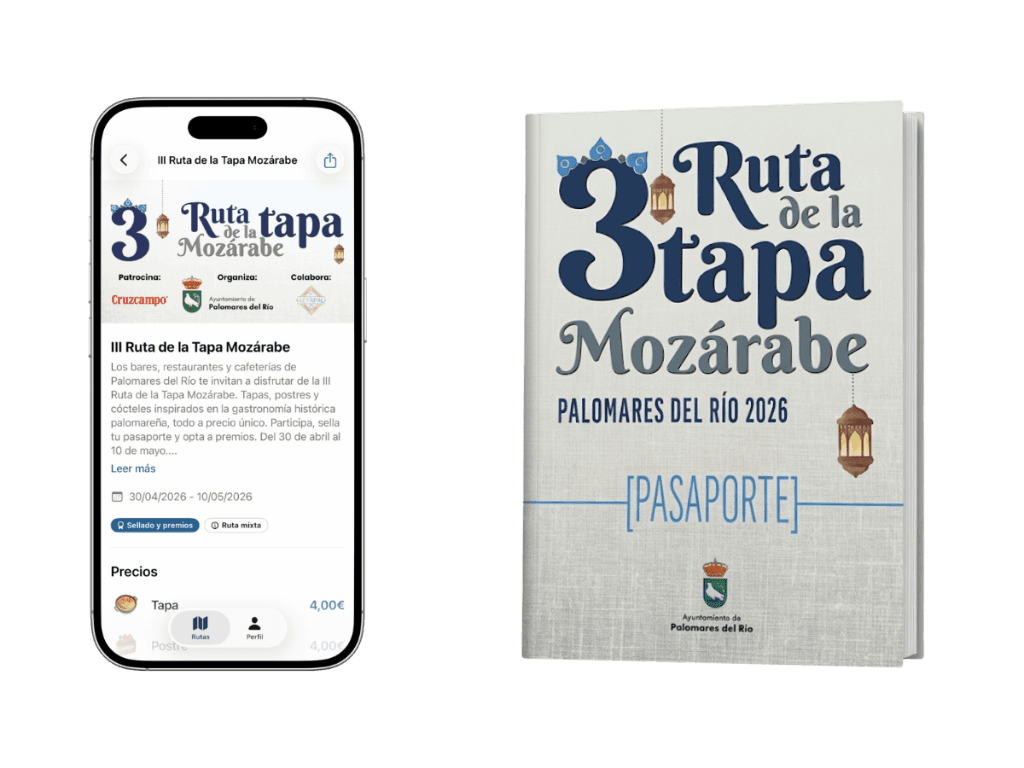 Ruta mixta de la tapa: pasaporte físico de la Ruta Mozárabe de Palomares del Río junto a la misma ruta en la app Las Rutas