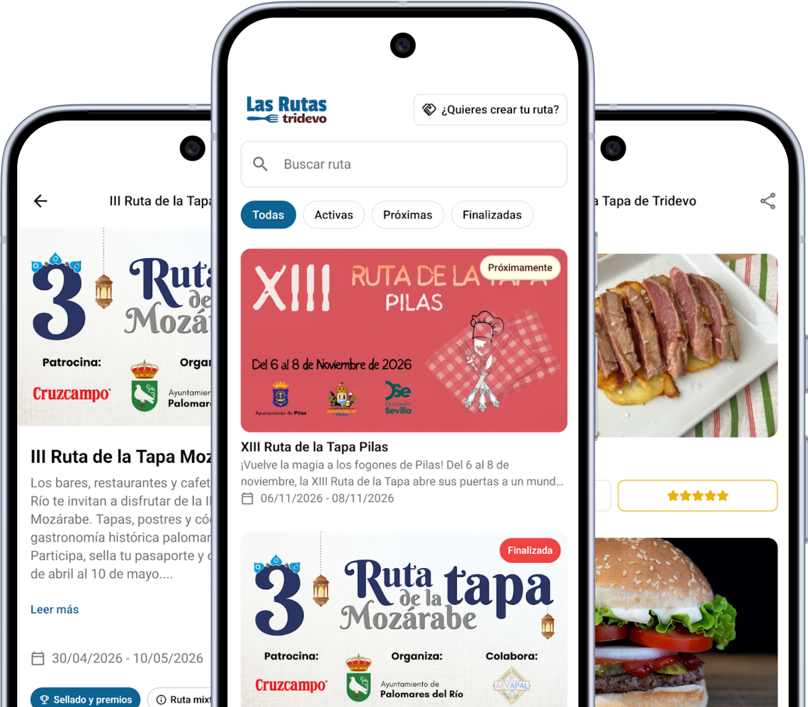 App Las Rutas en dos móviles mostrando el pasaporte digital de una ruta de la tapa y el resumen de participación para organizadores